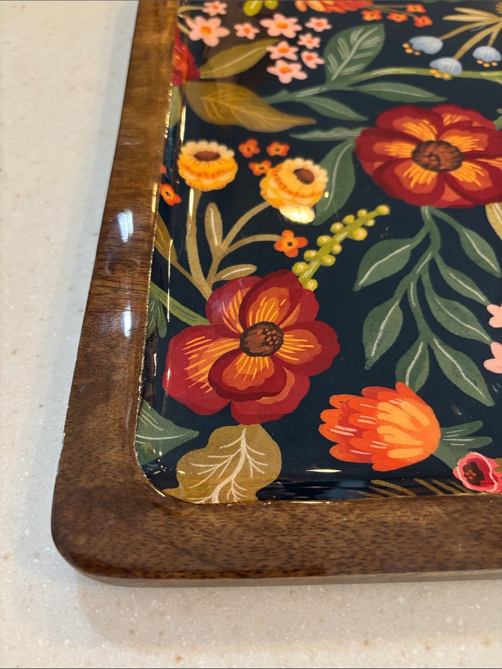 Wooden Floral Serving Tray with Dark Navy Floral Pattern - Picture 4 of 12